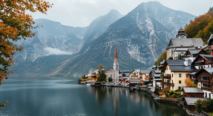 Nature wallpaper. Scenic Lakeside Village with Mountains and Church Spire
