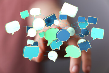 Abstract image of interconnected speech bubbles, symbolizing global communication and networking.