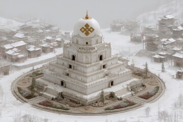 Majestic architectural wonder adorned with intricate gold motifs nestled in a serene snowy landscape surrounded by traditional houses offering a glimpse into a tranquil winter paradise