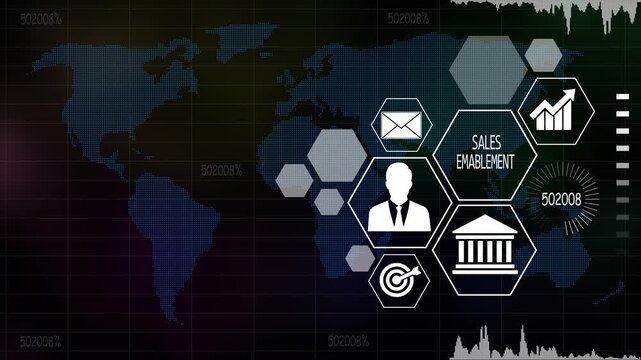 Futuristic digital presentation depicting sales enablement  and global business goals. Data Insights and Analysis Techniques for Business Growth. Asymptotic smart data analytic.4k video