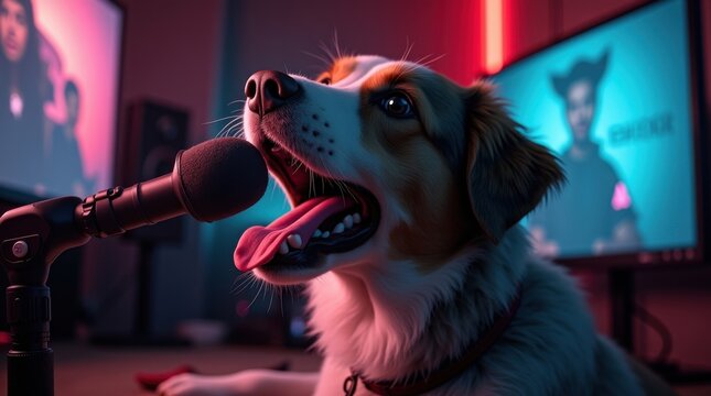 Dog with microphone engages in live streaming gaming room digital content tech environment close-up perspective