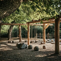 Rustic wooden playground under a leafy canopy.  A gravel play area with swings, climbing structures, and playful boulders