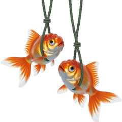 Two realistic ornate goldfish with flowing fins and tails hanging on strings isolated on transparent background