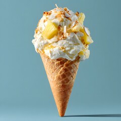 Ice cream cone with pineapple and coconut. Dessert menu. Light blue background