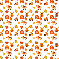 Obraz premium A seamless repeating pattern with farm-themed cartoon icons including barns, cows, chickens, tractors, windmills, vegetables, and grains on a light background.