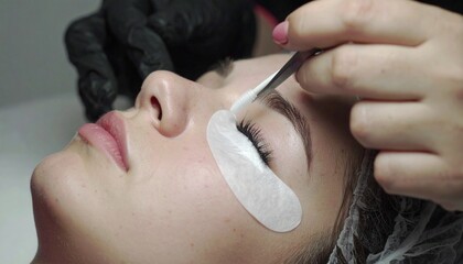Eyelash Extension Procedure Professional Application on a Client for Enhanced Beauty and Eye Lash Enhancement