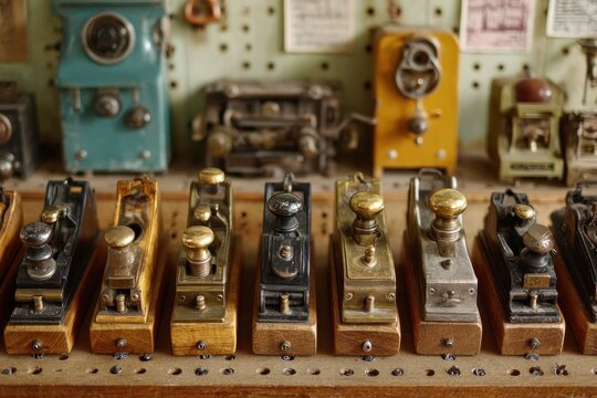 Close-up of various vintage telegraph keys displayed on a wooden shelf.