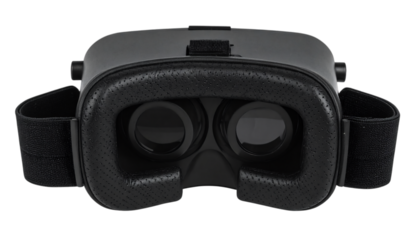 Black virtual reality headset for gaming and entertainment, offering immersive experiences and advanced technology, suitable for digital simulations and interactive content on transparent background