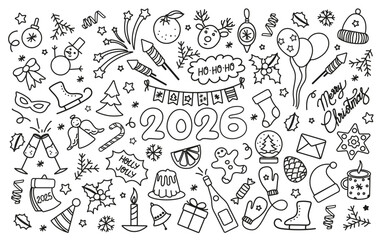 Happy New year 2026. New year doodle vector set. Black elements isolated on white background.	