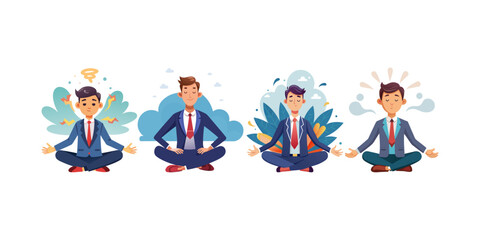 Businessman Managing Stress with Breathing Technique Vector Illustration – Corporate Wellness, Office Anxiety Relief, Mental Health Concept Art