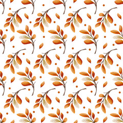 Seamless pattern of autumn leaves in warm tones, painted in delicate watercolor style. Ideal for textiles, packaging, wallpapers, and seasonal digital or print designs.