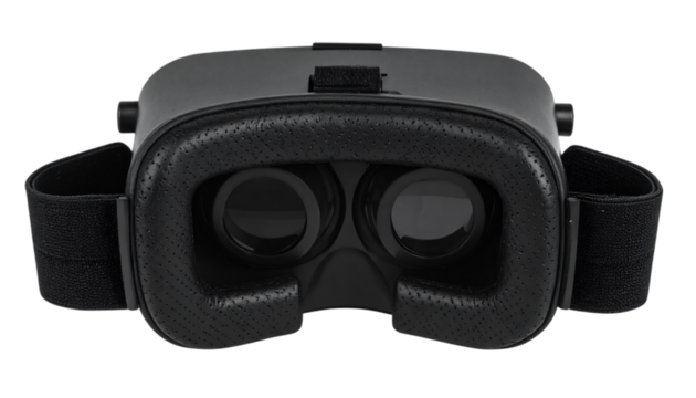 Black virtual reality headset for gaming and entertainment, offering immersive experiences and advanced technology, suitable for digital simulations and interactive content on transparent background