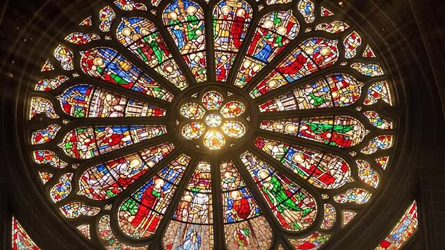 Majestic Rose Window Illuminated by Sunbeams in Gothic Cathedral