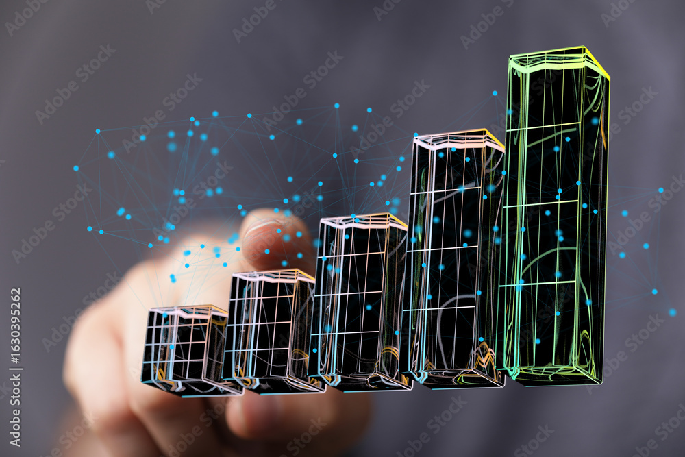 Poster hand interacting with a 3d graph showing business growth and data analysis.