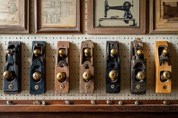 Vintage planes displayed on pegboard, with antique framed prints above.