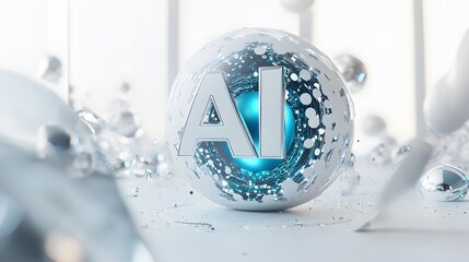 A glowing sphere with "AI" inscribed. It floats amidst other orbs in a bright, blurred, and abstract environment