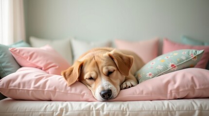 Obraz premium Charming dog relaxing on soft cushions in cozy living room indoor environment peaceful lifestyle concept
