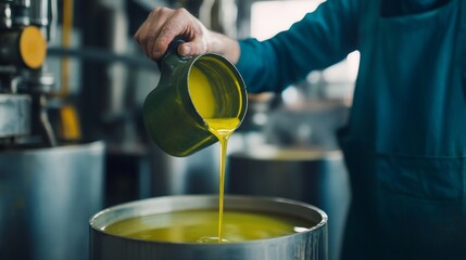 A worker pours golden liquid from a green ceramic jug into a metallic industrial vat. Machinery is in the blurred background