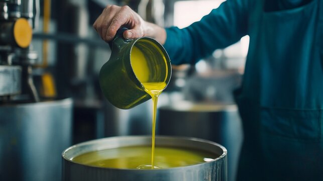 A worker pours golden liquid from a green ceramic jug into a metallic industrial vat. Machinery is in the blurred background