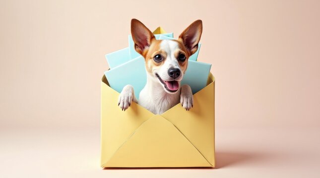 Happy dog peeking from colorful envelope indoor pet photography playful environment close-up view cute concept