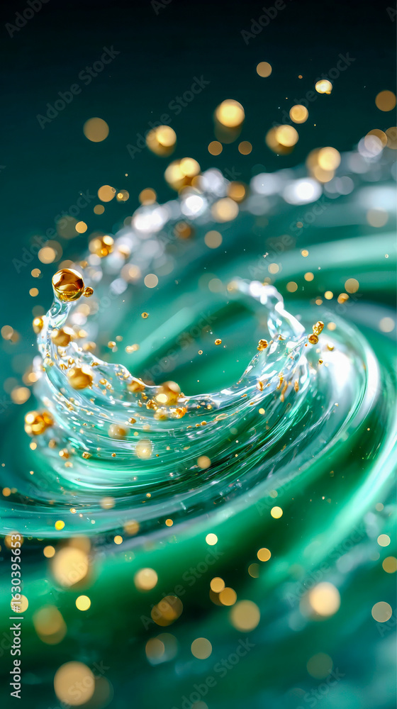 Poster abstract swirl of translucent liquid and golden droplets in a vibrant green vortex with bokeh light 