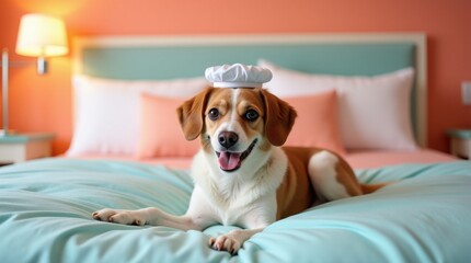 Playful dog chef in cozy bedroom setting adorable animal portrait comfortable environment whimsical concept