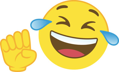 Laughing emoji with tears of joy and hand gesture. Funny happy emoticon cartoon vector illustration