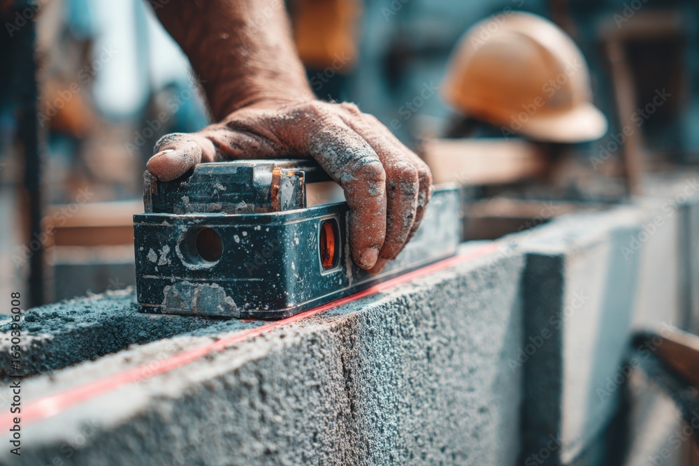 Poster worker using a laser level for precision alignment on a construction site.