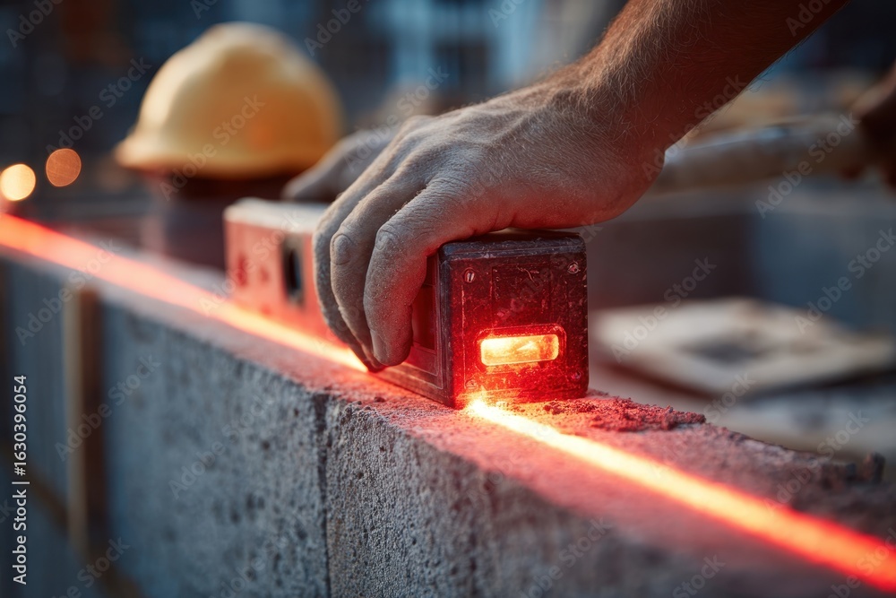 Poster worker using a red laser level for precise alignment on a brick wall at a construction site.