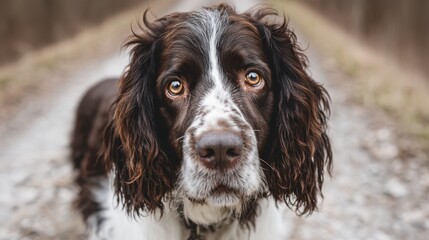 A close-up of a brown and white dog with expressive eyes looking directly at the camera
