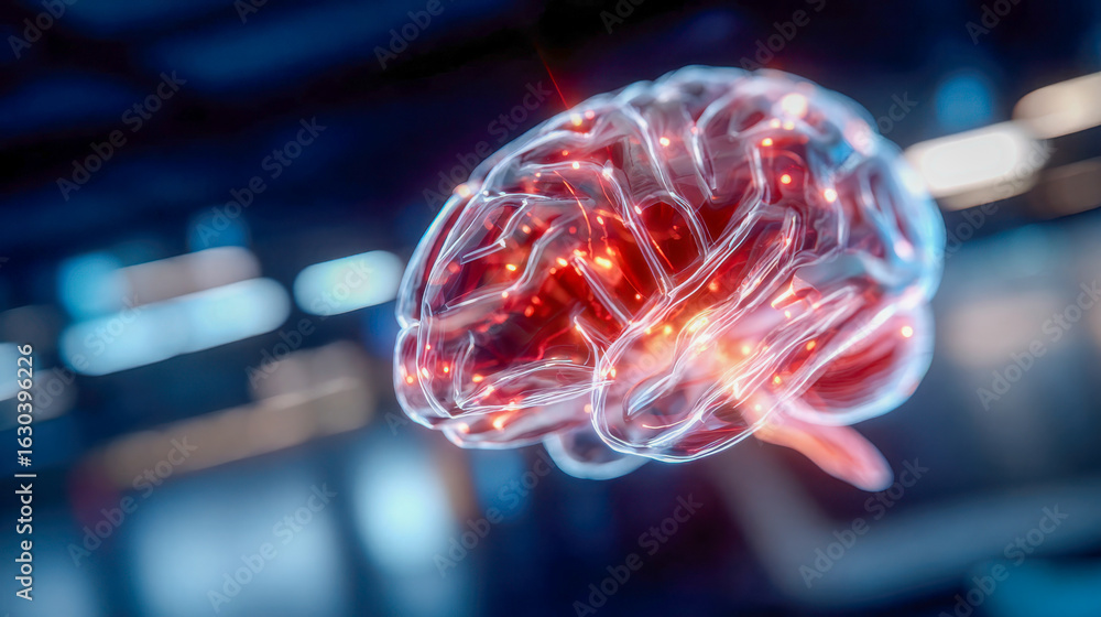 Poster a glowing human brain model is surrounded by dynamic light streaks, symbolizing neural activity and 