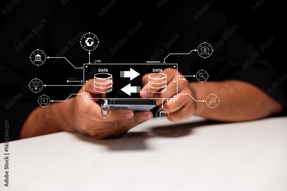 Poster a person interacts with a smartphone displaying data transfer icons, symbolizing digital communicati