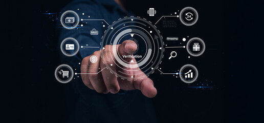 A person is interacting with a digital interface showing fingerprint verification and various...