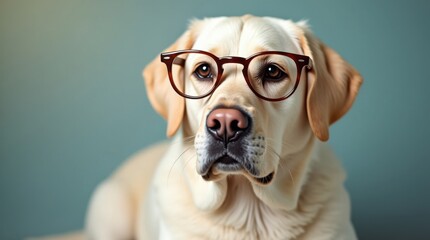 Playful labrador dog wearing glasses indoor setting cute animal portrait natural light close-up view whimsical concept