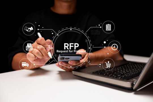 A person holds a phone while interacting with a laptop, surrounded by digital icons related to requests for proposals (RFP).