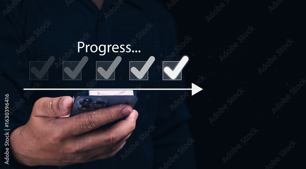 Poster a hand holding a smartphone displays a progress indicator with checked boxes, symbolizing task compl