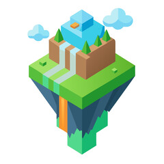 Isometric floating island with waterfall and trees isolated on white background