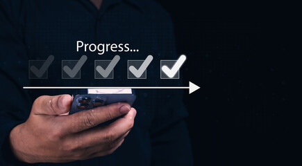 A hand holding a smartphone displays a progress indicator with checked boxes, symbolizing task...