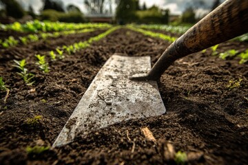 A gardening hoe rests in dark soil, ready for cultivating amidst vibrant green plants.