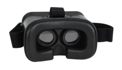 Black virtual reality headset for gaming and immersive experiences, offering a portal into digital worlds and enhanced entertainment on transparent background