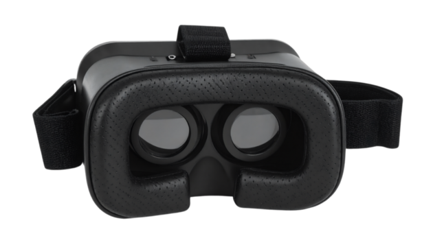 Black virtual reality headset for gaming and immersive experiences, offering a portal into digital worlds and enhanced entertainment on transparent background