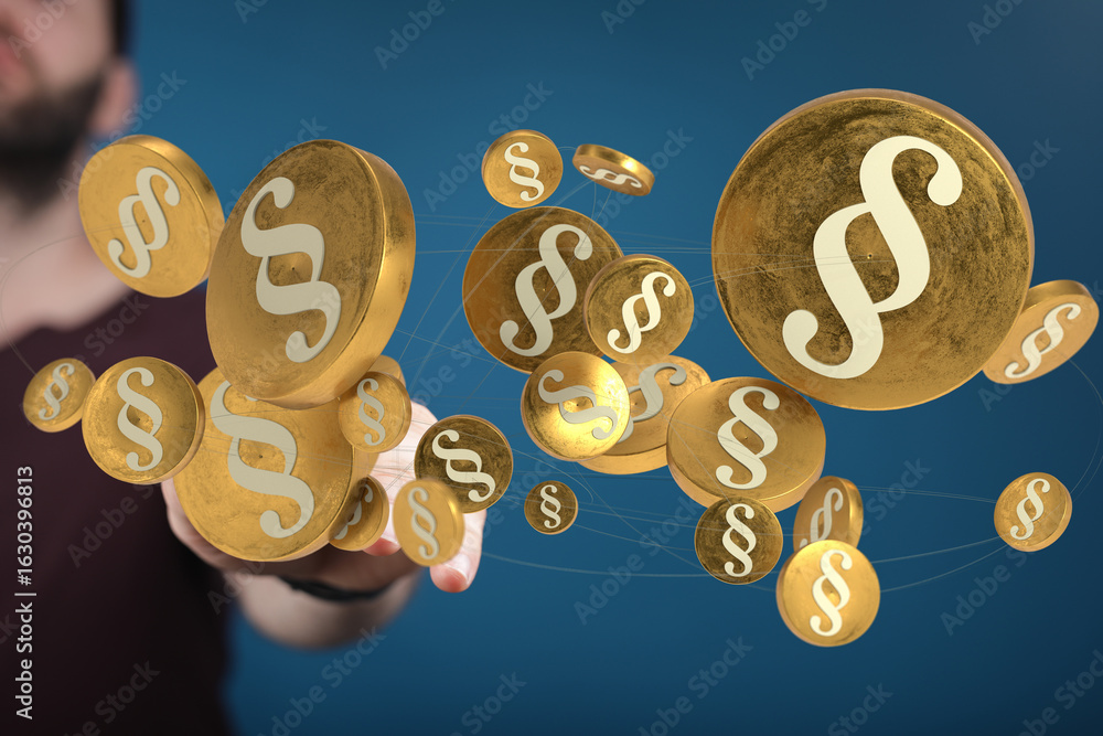 Poster 3d rendering of golden paragraph symbols floating in the air, symbolizing legal concepts.