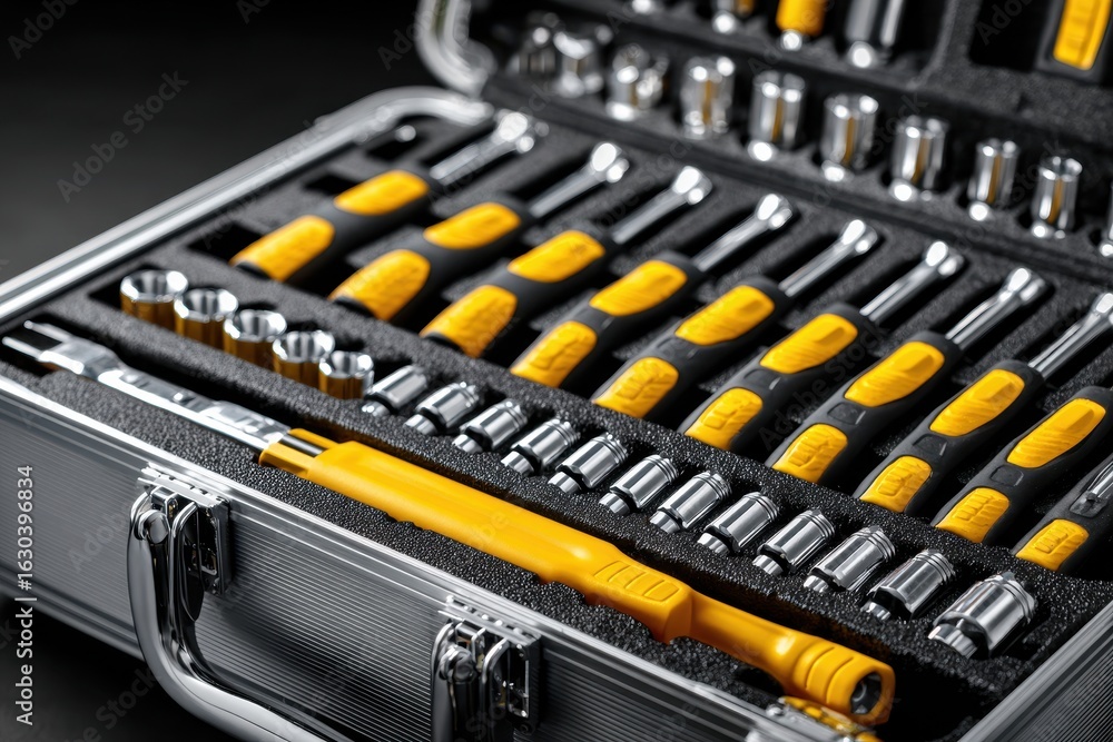 Aufkleber detailed view of a professional mechanics tool set with organized bits and wrenches in a metal case.