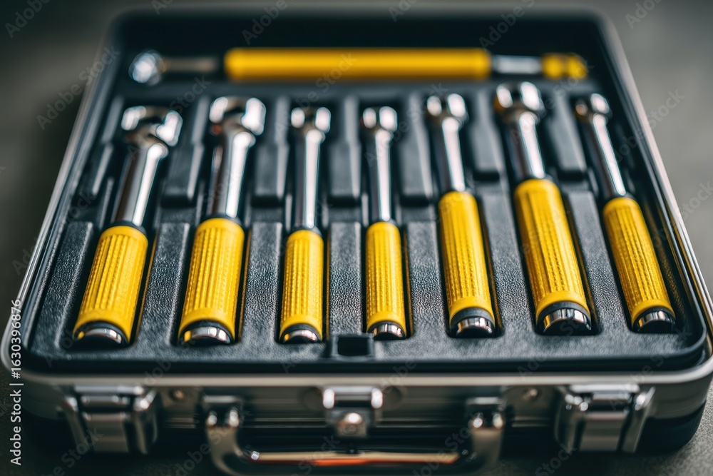 Poster close-up of a neatly organized set of yellow-handled tools in a durable case.