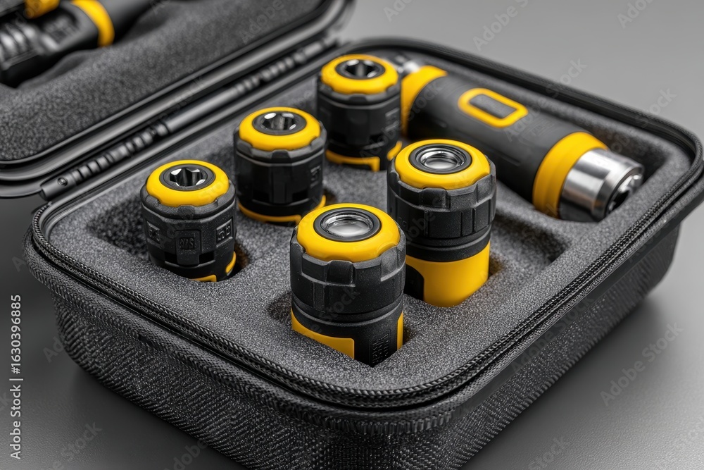 Poster professional black and yellow modular tool kit with precision bits in a foam case.