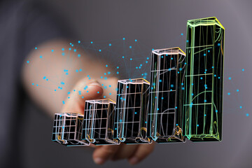 Hand interacting with a 3D bar chart showing upward trend.  Business growth, data analysis concept.