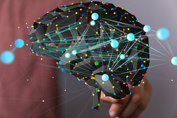 Abstract brain model with colorful nodes. AI, neural networks, data connections concept.
