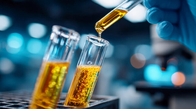 A gloved hand carefully pours golden liquid from a pipette into a test tube, showcasing precision in pharmaceutical or cosmetic formulation