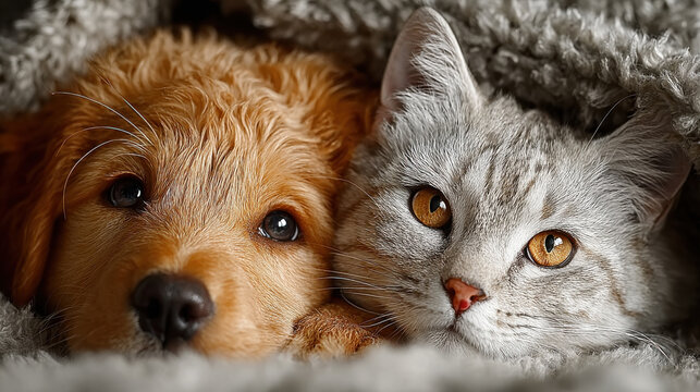 Puppy and kitten snuggling together in cozy blanket, showcasing their adorable features and warm expressions. This heartwarming scene captures bond between these two beloved pets
