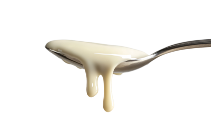 A dollop of creamy mayonnaise or white sauce on a silver spoon, isolated on a clean white background with a soft shadow